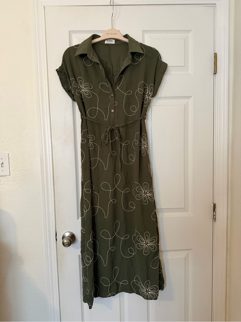 Flowing Olive Embroidered Maxi Shirt Dress with Tie Waist